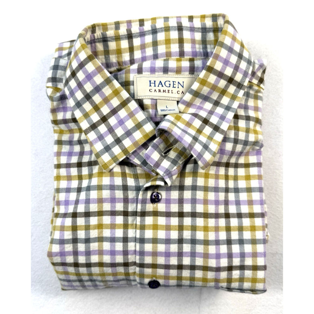 Hagen Carmel CA mens shirt large flannel green lavender plaid Classic Deisgner